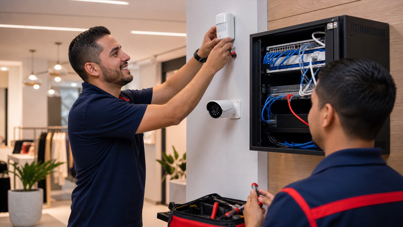 Técnico instalador trabajando en sistemas de seguridad